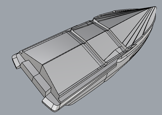 Three-quarter view from below of a two-step planing hull, showing three running surfaces separated by transverse steps