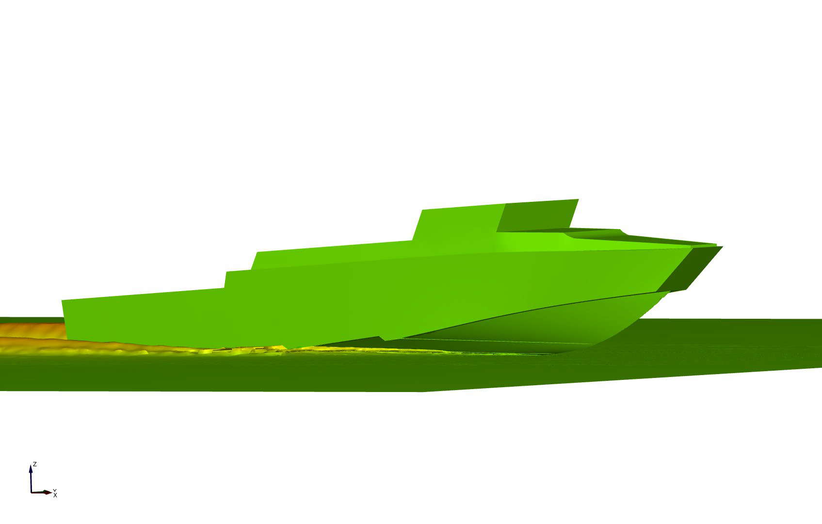 CFD simulation of a Petestep hull running at speed, profile view with the free surface